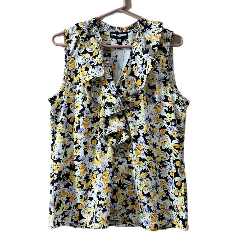 Karl Lagerfeld Floral Ruffle Top Yellow Black